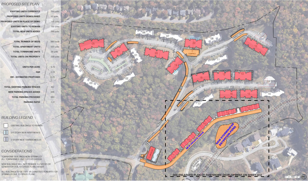 map of proposed Brentwood Oaks plan with new buildings and new parking highlighted